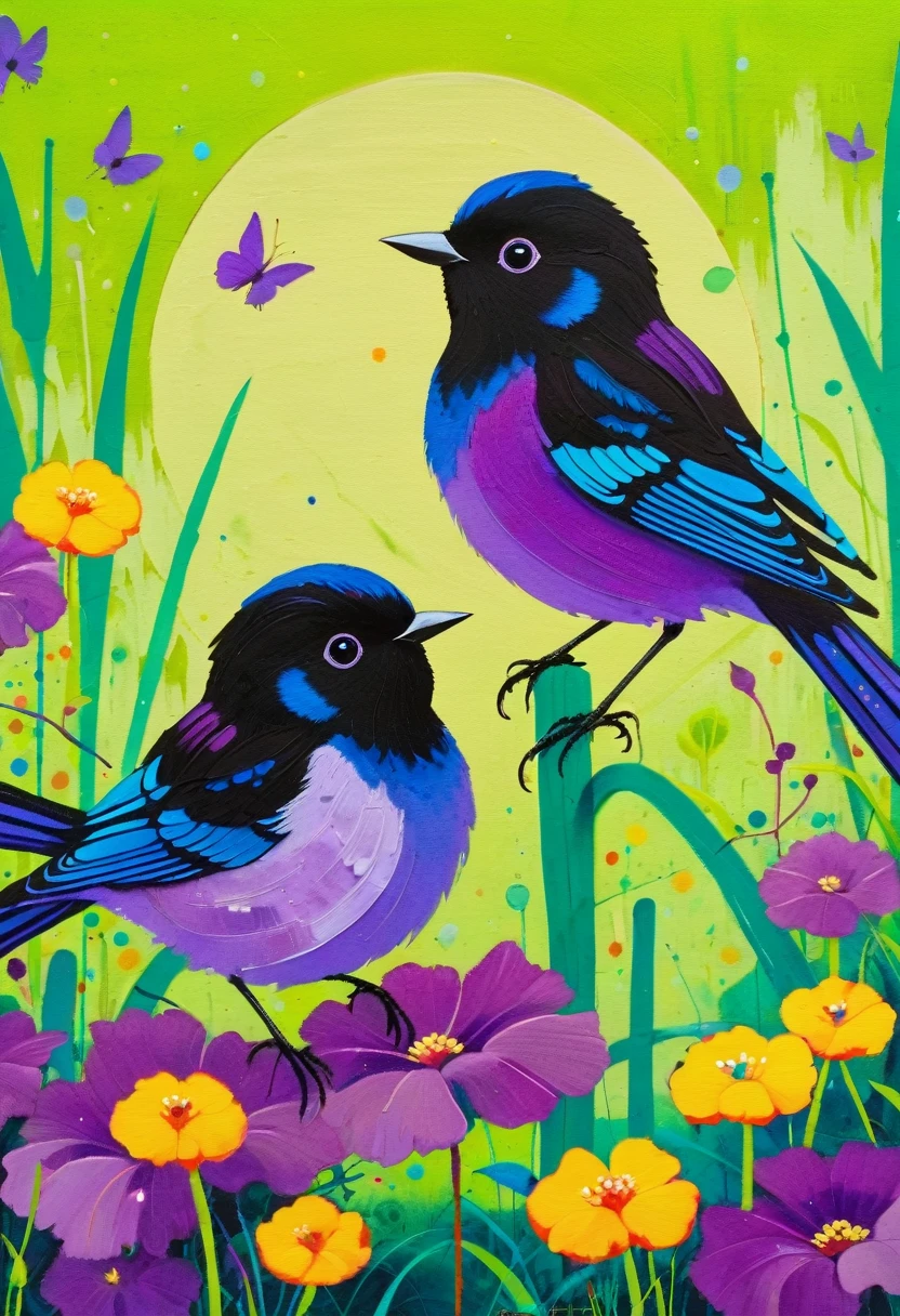 (((Colorful black，Oil stick painting，Volume，Thick coating，Uneven texture，Plaster texture，Graffiti)))。Colorful black，A small bird rests on the water grass, Bright colors的鸟, Purple和, cute的, Bright colors，cute, Lavender Color and Color Schemes, 和Purple的配色方案, Mysterious Birds, Beautiful Art,  Purple, Whimsical Art, 和Purple色调, Lime and Violet, Close together,, spring, Inspired by Tomokazu Matsuyama, Delightful