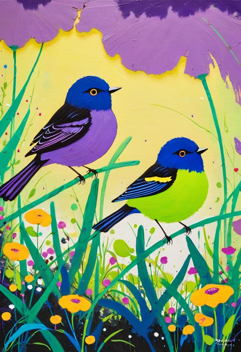 (((Colorful black,Oil stick painting,Volume,Thick coating,Uneven texture,Plaster texture,Graffiti)))。Colorful black,A small bird rests on the water grass, Bright colors的鸟, Purple和, cute的, Bright colors,cute, Lavender Color and Color Schemes, 和Purple的配色方案, Mysterious Birds, Beautiful Art, Purple, Whimsical Art, 和Purple色调, Lime and Violet, Close together,, spring, Inspired by Tomokazu Matsuyama, Delightful