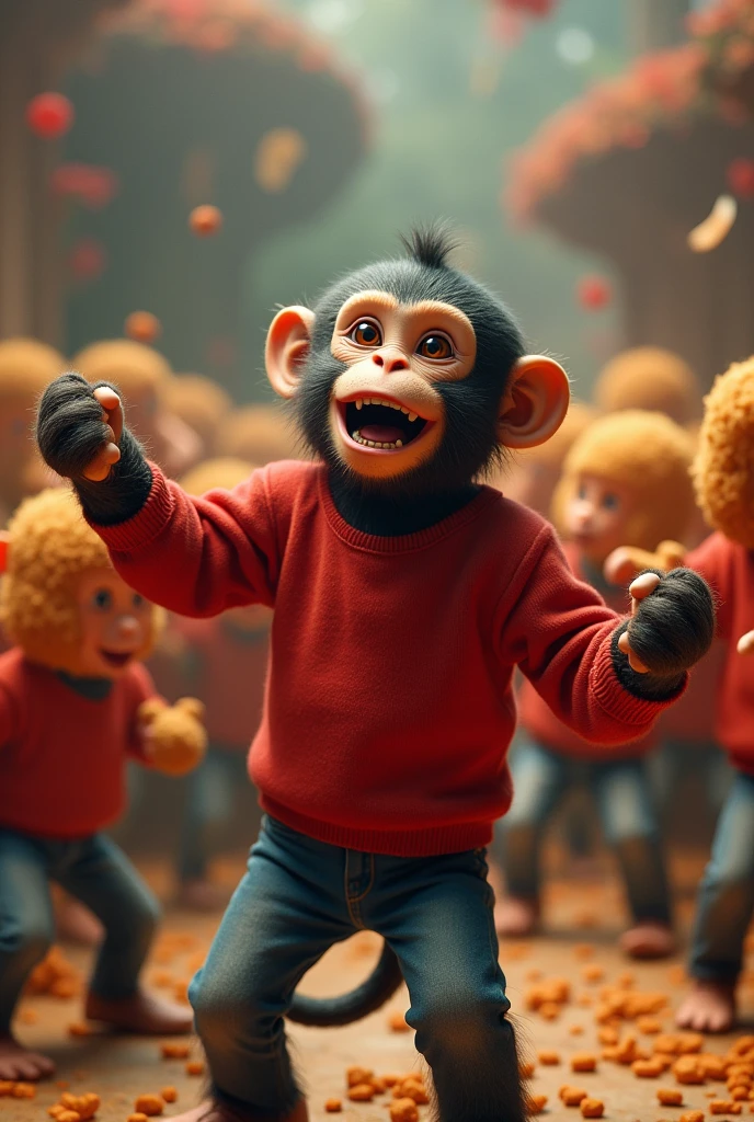 A monkey in a red long-sleeved shirt and jeans is singing a song competing with Nuggets.