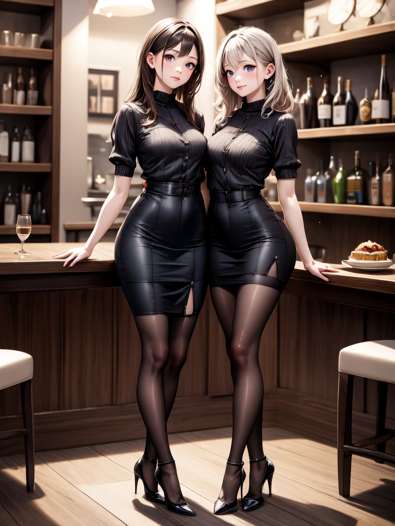 (masterpiece, best quality, highest quality, Masterpiece, 8k:1.5),((Full Body Shot,Including face)), 1girl, ((Focus on the face,Symmetrical facial features)), Beautiful woman, (slender),((High heels,Patterned stockings with straps)), Detailed depiction of the face, Cafe clerk , bar counter, profile, Long skirt, slenderな女性, Medium Long, Vertical Roll,