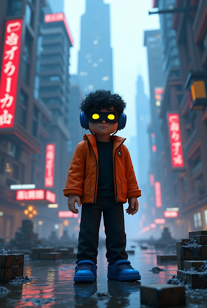 A teenage boy wearing a black shirt, black trousers, blue shoes, an orange jacket and a blue headset, a black mask with yellow eyes, and is in Minecraft, but his skin is a city. 
