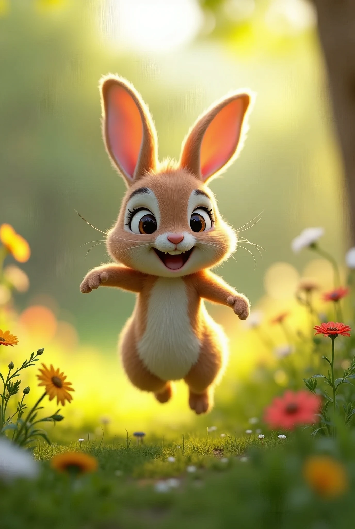 The rabbit hopping joyfully through a lush, green meadow filled with colorful wildflowers, its big ears flopping with each jump, and bright eyes full of curiosity, um personagem animado, Caractere estilizado, animation style rendering, 3D estilizado, Arnold Maya render, 3 d render stylized, toon render keyshot, Personagem 3D, Personagem 3D, 3d rendering stylized, 3d character render, personagem de desenho animado, Personagem de close up, Pose de personagem, (Estilo Pixar) (master part:1.2) (Bokeh) (best quality) (pele detalhada) (textura detalhada) (8k) (argila) (Cinematic lighting) (foco nítido,Senta e vaza a parte superior do corpo