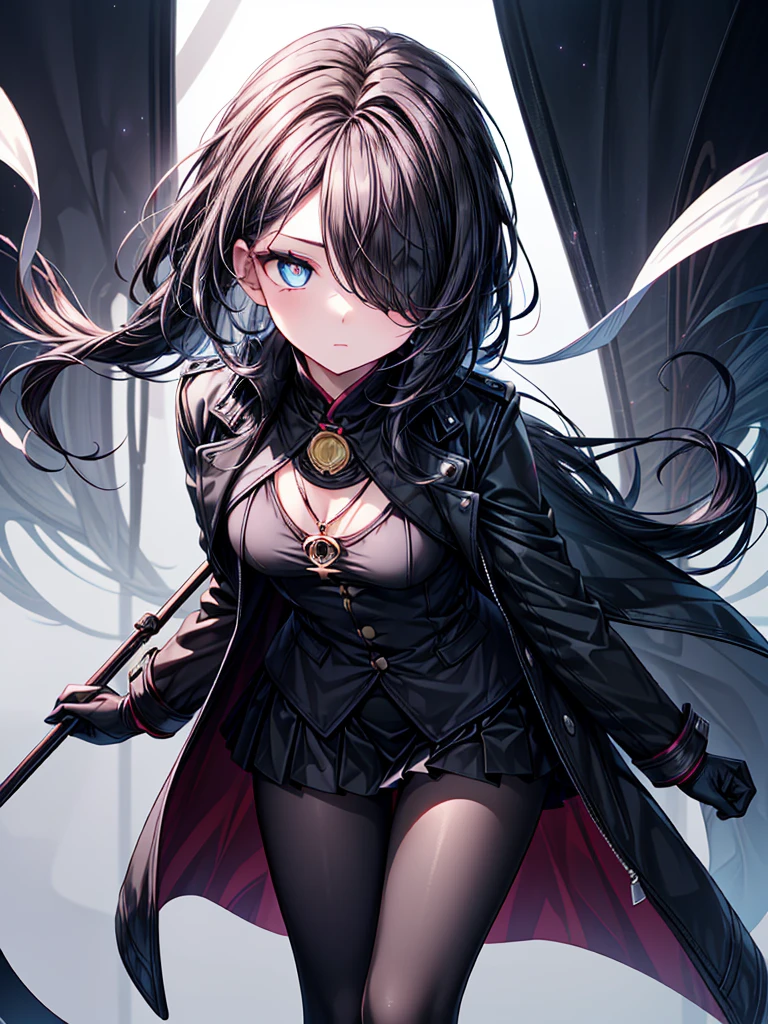 ((Oriental Project)),((Celestial Glacier)),((masterpiece)),((leaning forward)),((Highest quality)),((black micro mini length skirt)),((Amulet)),((alone)),((Deep blue pupils)),((sparkling eyes)),((Beautiful Blue Eyes)),((Wearing a black coat)),(((Wearing black tights))),((Slim body)),((length, Shiny black hair)),((Her left eye is completely hidden by her bangs)),((Her hair is parted, and you can see her eyes through it)),((Wearing black gloves)),((hair over one eye,long hair)),((Ruthless)),((Complex background)),((Hair blowing in the wind))