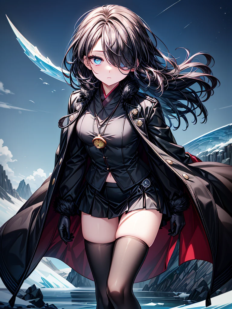 ((Oriental Project)),((Celestial Glacier)),((masterpiece)),((leaning forward)),((Highest quality)),((black micro mini length skirt)),((Amulet)),((alone)),((Deep blue pupils)),((sparkling eyes)),((Beautiful Blue Eyes)),((Wearing a black coat)),(((Wearing black tights))),((Slim body)),((length, Shiny black hair)),((Her left eye is completely hidden by her bangs)),((Her hair is parted, and you can see her eyes through it)),((Wearing black gloves)),((hair over one eye,long hair)),((Ruthless)),((Complex background)),((Hair blowing in the wind))