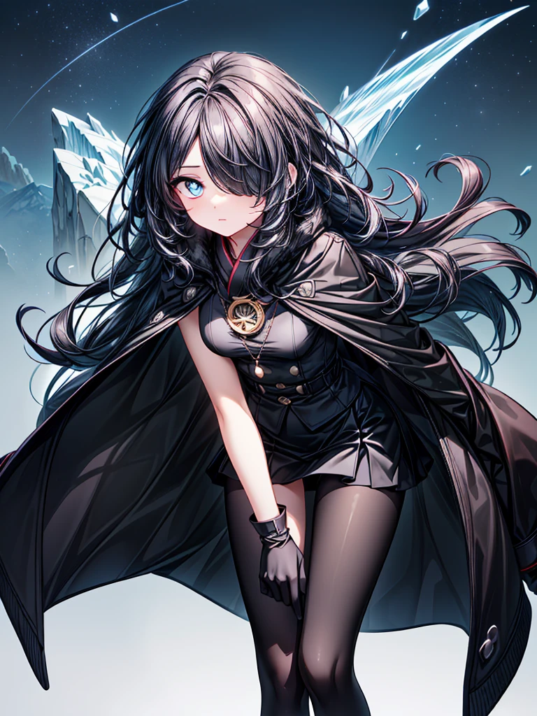 ((Oriental Project)),((Celestial Glacier)),((masterpiece)),((leaning forward)),((Highest quality)),((black micro mini length skirt)),((Amulet)),((alone)),((Deep blue pupils)),((sparkling eyes)),((Beautiful Blue Eyes)),((Wearing a black coat)),(((Wearing black tights))),((Slim body)),((length, Shiny black hair)),((Her left eye is completely hidden by her bangs)),((Her hair is parted, and you can see her eyes through it)),((Wearing black gloves)),((hair over one eye,long hair)),((Ruthless)),((Complex background)),((Hair blowing in the wind))