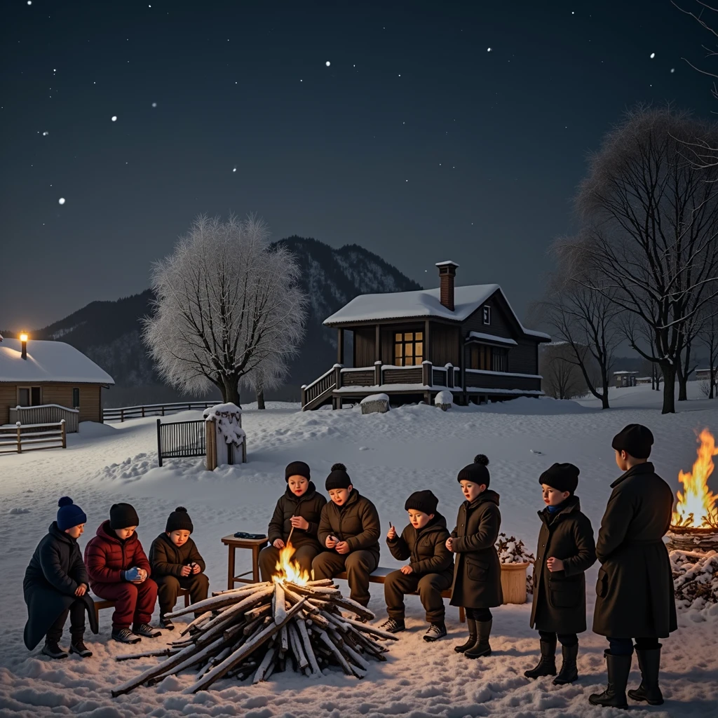 monochrome photography ,l1920,Near Harbin Station、shivering from hunger and cold、plural White people、Children of the Po-Land、night、They are staving off the cold by burning firewood.、in house, night, fall snow, accurate, anatomically correct, textured skin, beautiful fingers super detail, high details, high quality, best quality,