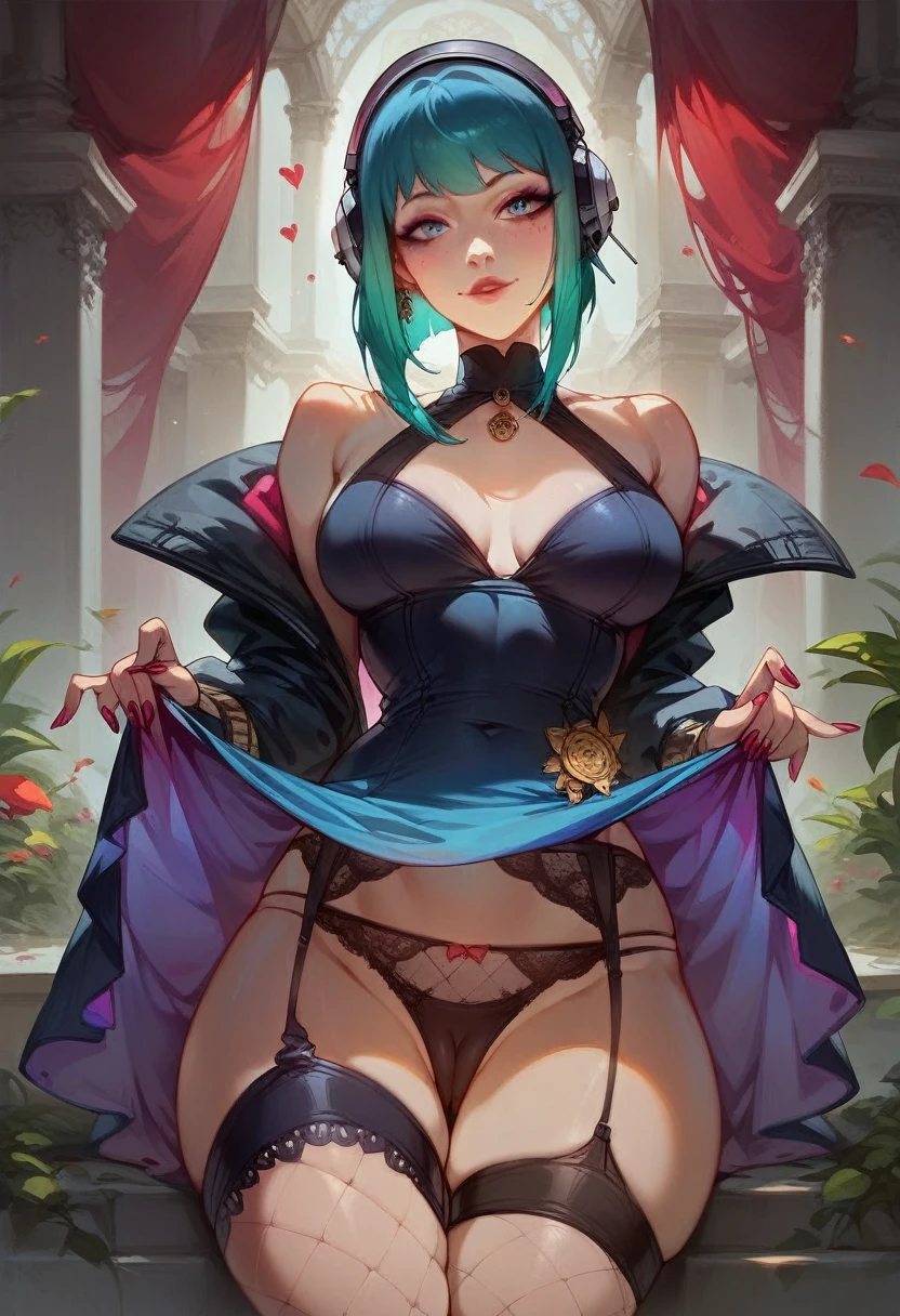 score_9, score_8, score_8_up, score_7, score_7_up, score_6_up, 1girls, Ela, ela \(Rainbow Six Siege\),ela, ela \(Rainbow Six Siege\,(score_9, score_8_up, score_7_up, score_6_up, ela as a super sexy spy,seductive look, sexy 1girl, solo, sexy detailed bottom, super sexy open heartthrob dress lift, gorgeous super detailed dress, top skirt, super sexy and beautiful black lace panties, panties detailed lace, sexy garter belt, sexy fishnet tights, camel toe, very sexy chic outfit, at a chic party inspired by spy films,Please create a scene with ela acting as a super spy in a setting that evokes the style of a James Bond film. The setting should be sophisticated and elegant, with a touch of mystery and danger. Imagine a luxurious salon in a seaside mansion, with opulent decor and discreetly integrated high-tech details. In the background, we can see stunning views of the dark ocean and city lights in the distance, creating an atmosphere of intrigue and suspense. 