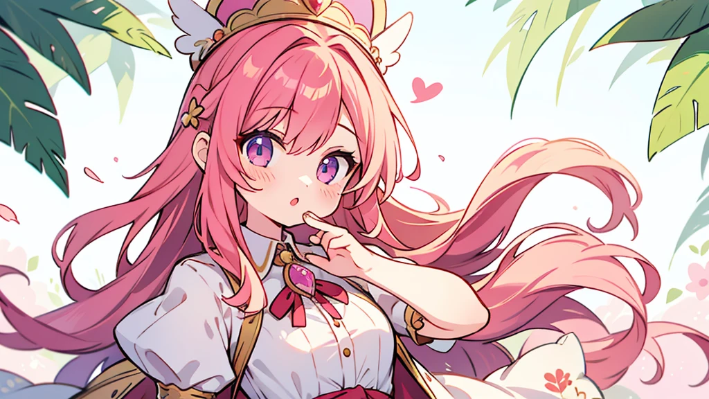 1 Girl, whole body, role conception, Pink hair prince wearing a heart-shaped headdress, flowery, Celebrity accessories, high quality, Wide-angle lens, Detailed background of the Enchanted Forest