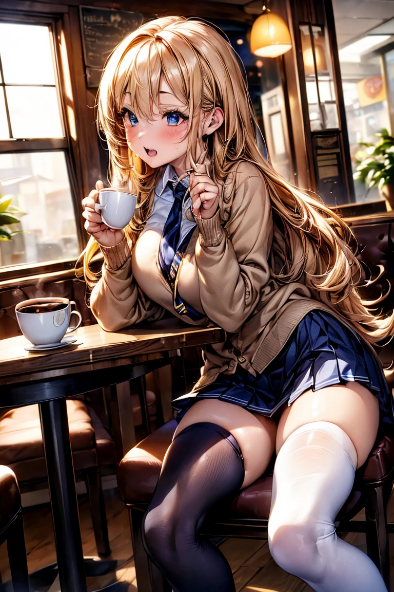 Browsing Caution,(((restaurant))),​(最high quality, 8k, masterpiece:1.3,beautiful girl),(((Woman 1))) (Very detailed)Glowing Skin,(((Long Hair,blonde,Beautiful Hair))),(Perfect Anatomy, Anatomically correct, Very detailed肌),((Golden Eyes)),(((((Perfect Fingers,Five Fingers))))),((Light blue collared shirt, Navy pleated mini skirt, socks, Navy tie, Light brown cardigan, White knee socks)),Pink Panties,  Knee-high socks,Knee-high socks on both feet,double,double teeth, Drinking coffee、Close to the audience、Face-to-face with your audience、Please sit down、Wink)）high quality、Visual Arts、With background((coffee shop、Counter seats、coffee maker))、table(menu、Coffee Cups Coffee Cups、Sugar Bottle、milk,cake),tableトップ、