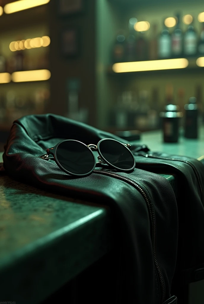 A black leather jacket coat is placed on the bar counter, Sunglasses are also placed on the bar counter., Matrix Nero's leather jacket, Matrix Nero's sunglasses, It suggests that Nero is drinking on his day off., Focus on leather jackets