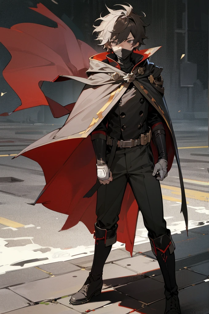 1male , Young Male ,combat Gloves, combat Boots ,robin cape (DC) , Black Hero Mask with whites out eyes , Messy Hair , Serious Expression , Standing on sidewalk , Robin outfit (DC)