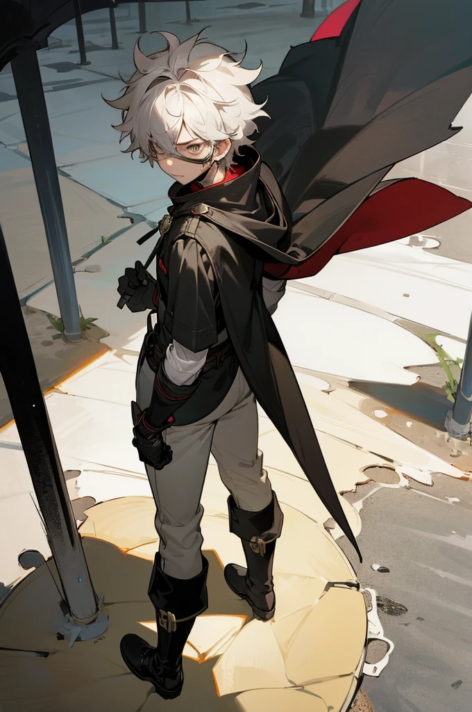 1male , Young Male ,combat Gloves, combat Boots ,robin cape (DC) , Black Hero Mask with whites out eyes , Messy Hair , Serious Expression , Standing on sidewalk , Robin outfit (DC)