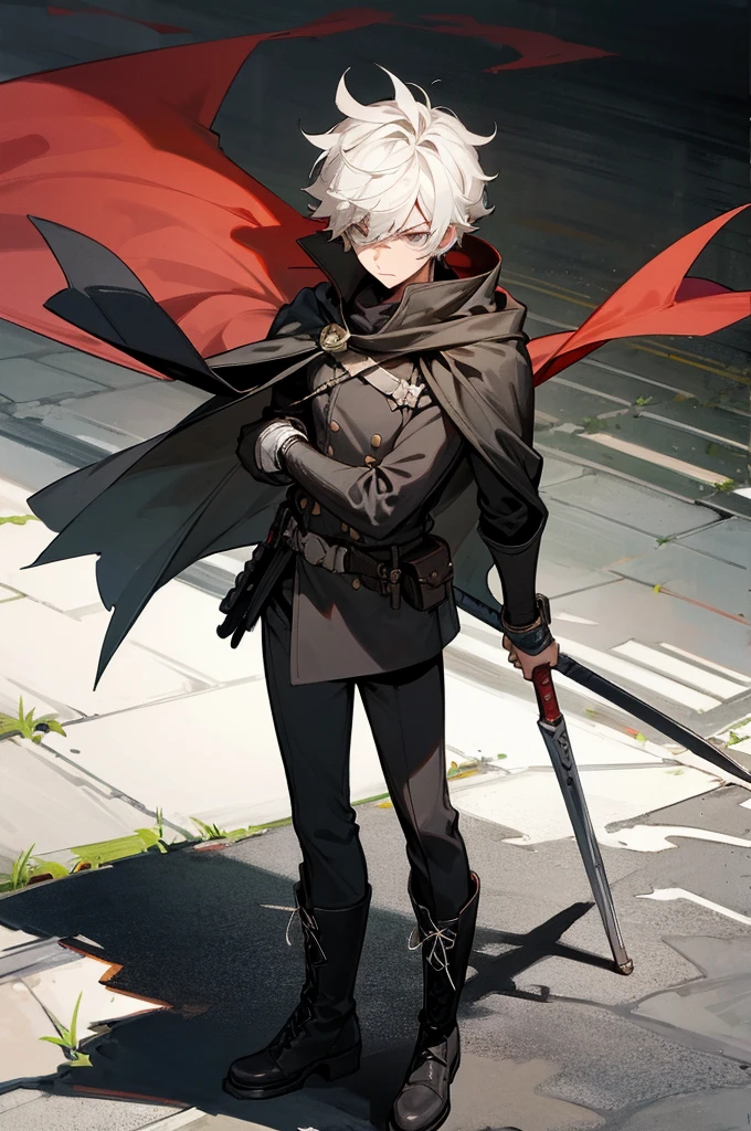 1male , Young Male ,combat Gloves, combat Boots ,robin cape (DC) , Black Hero Mask with whites out eyes , Messy Hair , Serious Expression , Standing on sidewalk , Robin outfit (DC)