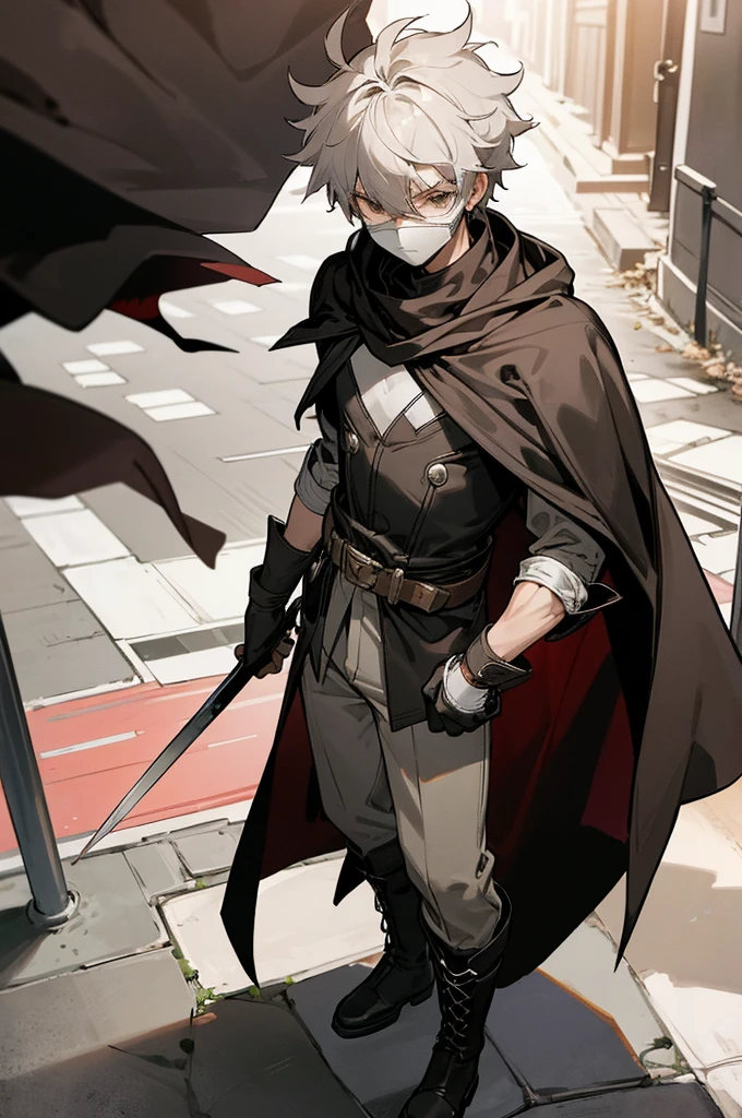 1male , Young Male ,combat Gloves, combat Boots ,robin cape (DC) , Black Hero Mask with whites out eyes , Messy Hair , Serious Expression , Standing on sidewalk , Robin outfit (DC)