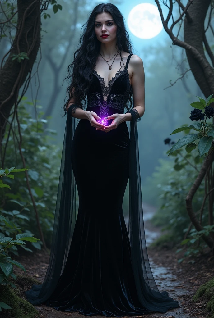 In the heart of a shadowy jungle, bathed in the soft, silver glow of the moon, stands a captivating elven woman with a lithe, graceful figure. Her long, raven-black hair cascades over her bare shoulders, contrasting sharply with her porcelain skin. She wears a form-fitting, black velvet gown adorned with intricate lace and dark, ancient runes, hugging her curves and flowing like liquid shadows. Her crimson lips curl into a knowing smile as she cradles an obsidian artifact, pulsing with a seductive, violet aura. Around her, the ground is marked with arcane symbols, and tendrils of dark energy weave through the air, summoning otherworldly spirits that respond to her bewitching power. Twisting vines and black roses frame her figure, as the haunting whispers of the jungle echo in the background, amplifying the dark, gothic allure of the ritual