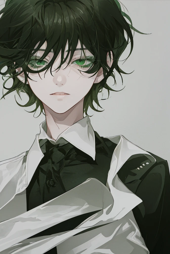 man, green eyes, long eyelashes, black hair, White shirt