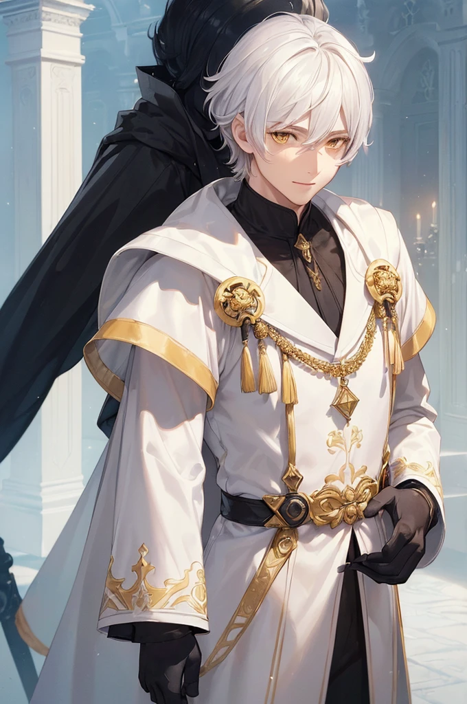 (((masterpiece; best quality: 1.2))), (finely detailed eyes: 1.3), ((ung man)), ((solo)), (yellow eyes: 1.4), (body shape; lean, masculine, manly: 1.3), (very short white hair: 1.3), (beautiful and clear background: 1.2), ((depth of field)), (equipment: dark-fantasy nobleman attire + white long-sleeve overcoat + black vest + black high-neck shirt + gloves: 1.3), (anime illustration: 1.2), (background composition; palace gardens + day: 1.1), (extremely handsome: 1.1), (shot composition; standing + centered on face + bust close-up: 1.5), (facial expression; calm, smile: 1.2)