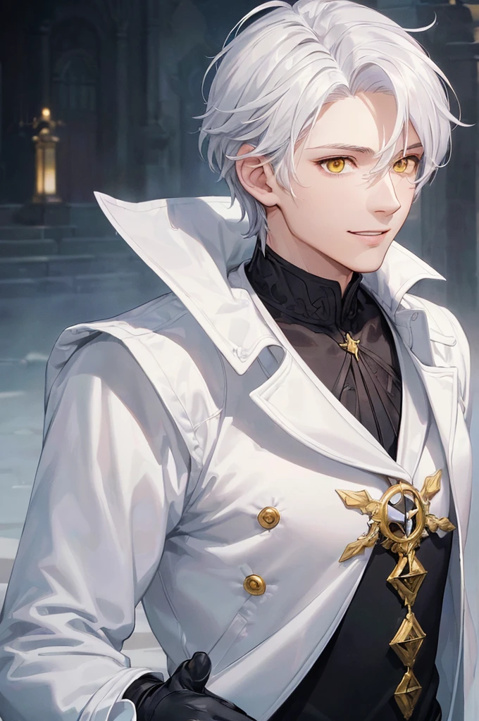 (((masterpiece; best quality: 1.2))), (finely detailed eyes: 1.3), ((1 young man)), ((solo)), (yellow eyes: 1.4), (body shape; lean, masculine, manly: 1.3), (very short white hair: 1.3), (beautiful and clear background: 1.2), ((depth of field)), (equipment: dark-fantasy nobleman attire + white long-sleeve overcoat + black vest + black high-neck shirt + gloves: 1.3), (anime illustration: 1.2), (background composition; palace gardens + day: 1.1), (extremely handsome: 1.1), (shot composition; standing + centered on face + bust close-up: 1.5), (facial expression; calm, smile: 1.2)