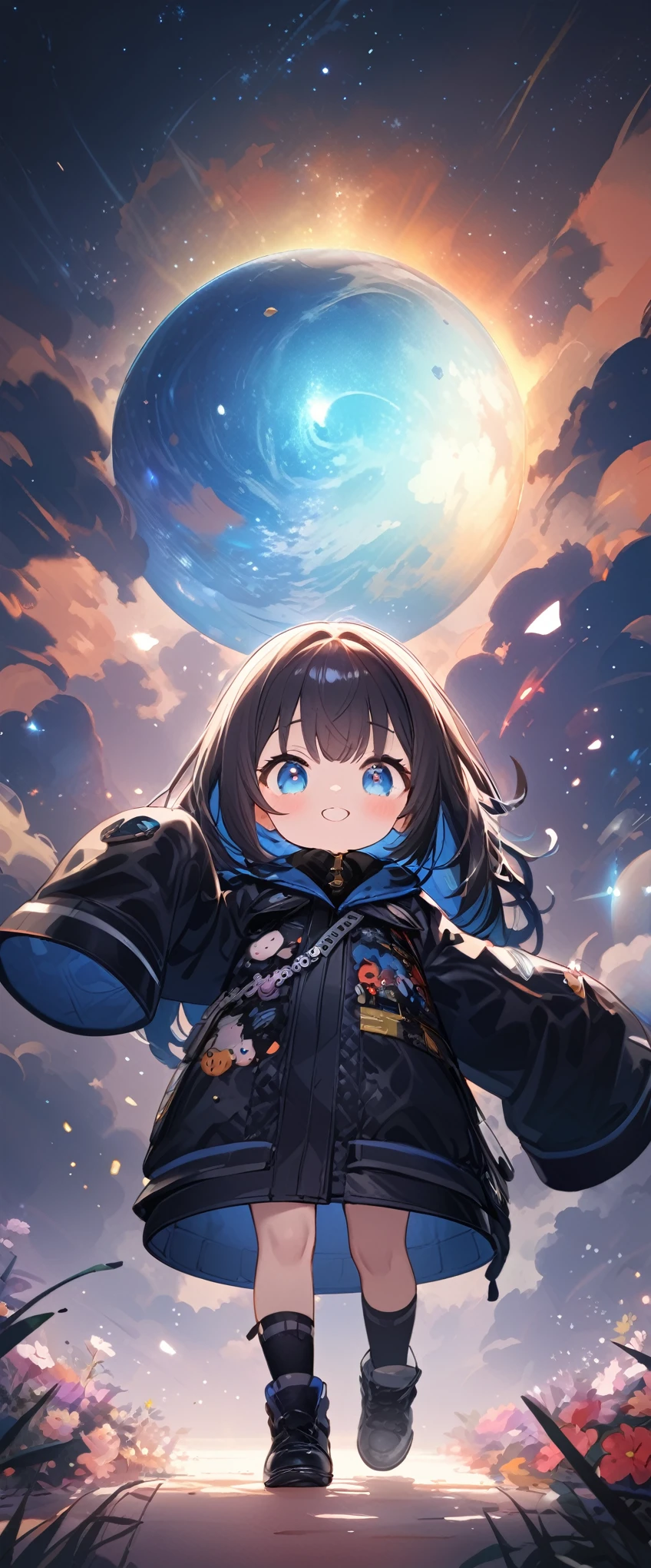 quality\(masterpiece, best quality,8k,wallpaper of extremely detailed CG unit,hight resolution,top-quality,top-quality real texture skin,hyper realisitic,increase the resolution,RAW photos,best qualtiy,highly detailed,the wallpaper\), BREAK ,1girl\(chibi,super cute, adorable, kawaii,small kid,5 years old,chibi,big smile,cute smile,wearing jacket\(leather\(very detailed\),(black:1.3),(((very big))),too big,smooth, shiny,over long sleeves,(sleeves past fingers:1.4),long sleeves,\),weaing only jacket,full body,big eyes,cosmic eyes,long hair\(cosmic hair,braid hair,\)\), BREAK ,background\(at fashion studio,flowers\((black:1.3),many kinds of flowers,beautiful\),best lighting,\),flom below