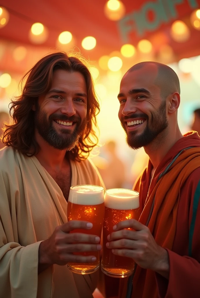 Jesus Christ and a Japanese man toast with beer at a summer festival. They smile with wise and benevolent faces. They smile happily. They shine. Surrounded by rainbow-colored light. Jesus of Nazareth is portrayed as gentle, A gentle man with shoulder-length hair. His wavy brown hair flows over his shoulders. His captivating hazel eyes convey deep wisdom and empathy, Radiate warmth and understanding. His captivating dark eyes convey deep wisdom and empathy, Radiate warmth and understanding. The background is a food stall. fotografia, close up shot, muito detalhado, Trends at the Art Station, keen focus, Studio recording, Intricate detailing, Greg Rutkowski