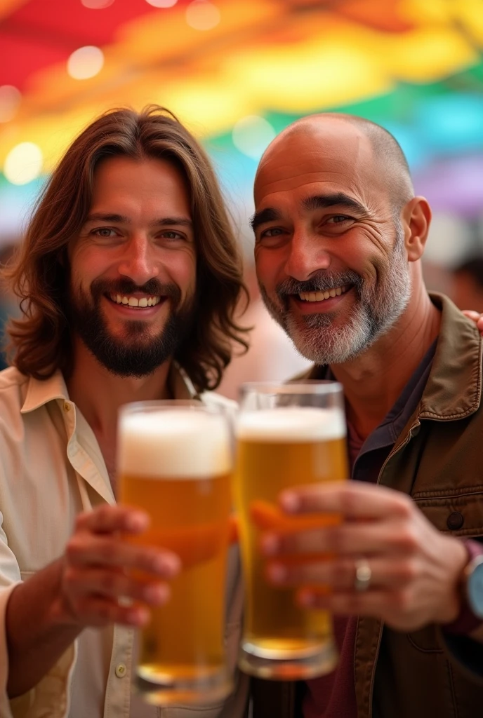 Jesus Christ and a Japanese man toast with beer at a summer festival. They smile with wise and benevolent faces. They smile happily. They shine. Surrounded by rainbow-colored light. Jesus of Nazareth is portrayed as gentle, A gentle man with shoulder-length hair. His wavy brown hair flows over his shoulders. His captivating hazel eyes convey deep wisdom and empathy, Radiate warmth and understanding. His captivating dark eyes convey deep wisdom and empathy, Radiate warmth and understanding. The background is a food stall. fotografia, close up shot, muito detalhado, Trends at the Art Station, keen focus, Studio recording, Intricate detailing, Greg Rutkowski