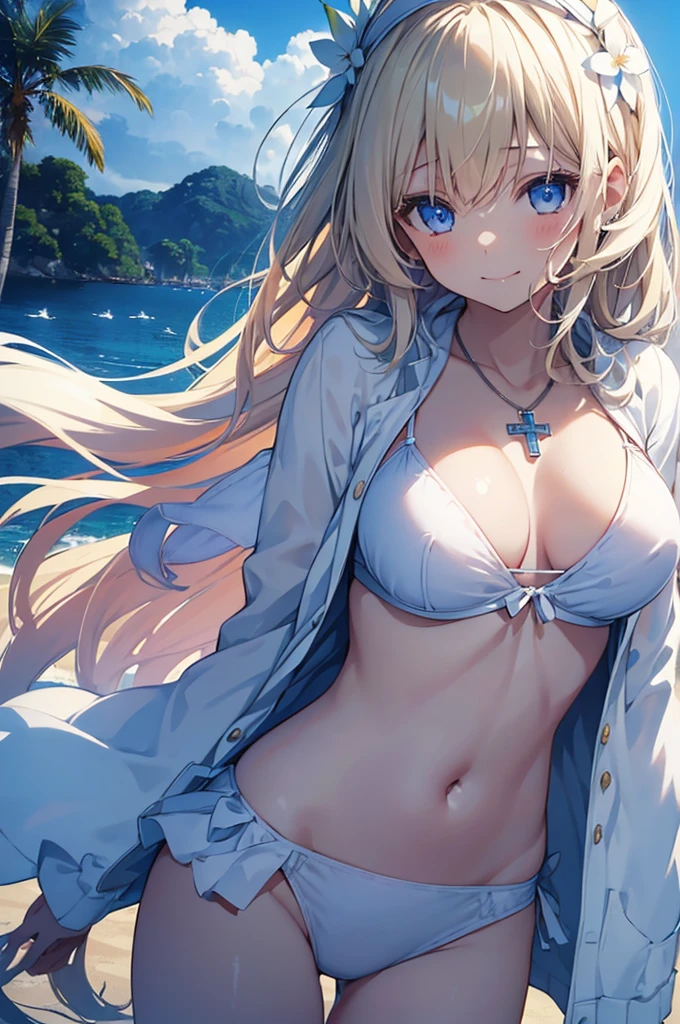 ((girl kawaii)), a extremely delicate and beautiful girl, beautifully painted, cute, sense of digital, best detailed girl, lying on the lake, wet, girl, young, long hair blown up, Hair with flower, (blond hair), cute face, (smile), complex details beautiful and delicate eyes, closed mouth, (large breasts), thighs, (pale blue eyes), (white skin), hairband, cross necklace, Bracelet, (white bikini), cardigan, white Clothes, (beach),( beautiful blue sky and white clouds), bloom effect, (((wallpaper 8k CG))), ((absurdres)), masterpiece