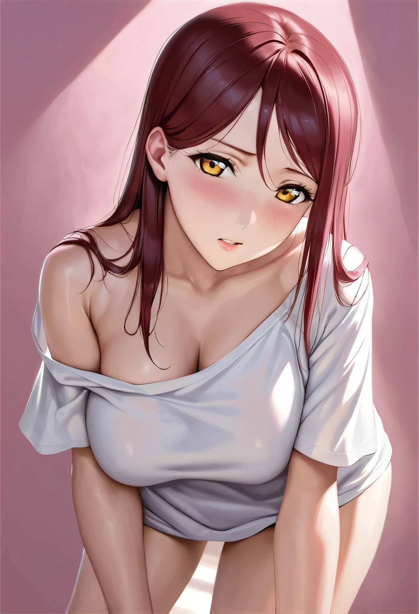 masterpiece, best quality, realistic anime art, front light, realistic shadow,solo, wearing only oversize white shirt, (shoulder slip),large breasts ,dark red hair ,short sleeves, thighs,yellow eyes , sakurauchi riko love live , standing , (leaning forward:0.7), looking at viewer , simple pink background 