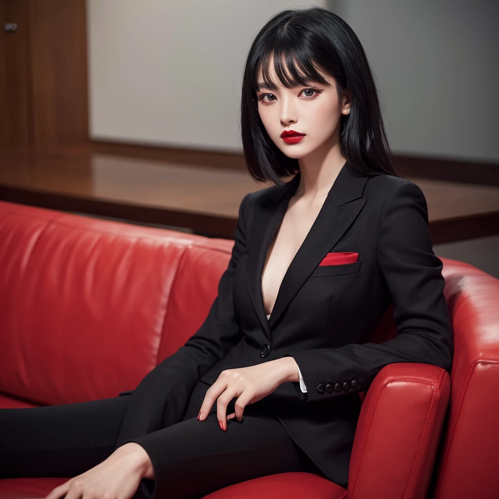 1 man, Sitting on the sofa, Hold your phone, Black Hair, black eyes, Red lips, Black suit, doubt, Tangle, masterpiece, best quality
