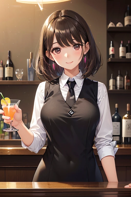 anegasaki nene、Shiny brown hair, short hair, (Beautiful brown eyes、Sparkling eyes, Fine grain)、smile、Ultra-detailed eyes、Highly detailed face, Highly detailed eyes,
1 Woman Standing, (holding up Cocktail Glass) (presenting Cocktail Glass toward viewers), bartender, (black vest over white dress shirt) tie, Stylish clothing, Mature Woman, /, 優しいsmile, (Masterpiece Top quality:1.2) Delicate illustrations, super detailed, Medium Breast Break ((Colorful neon signs:1.Two on the wall), (Neon tube) Shining Blake (Fashionable bar counter) indoor, ((Cocktail Glass) Lots of colorful drinks), (Dimly lit room), Wine Bottle, Detailed Background.