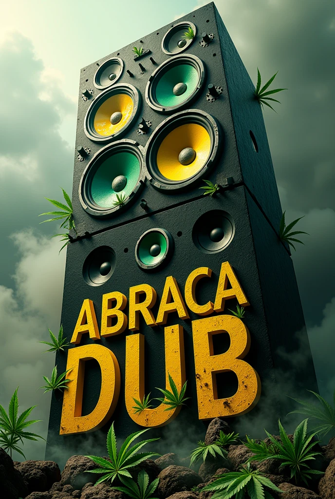 Giant speaker with several speakers colored in the colors of Jamaica, with smoke coming out with marijuana leaves written in large letters
"Abraca.DUB"
