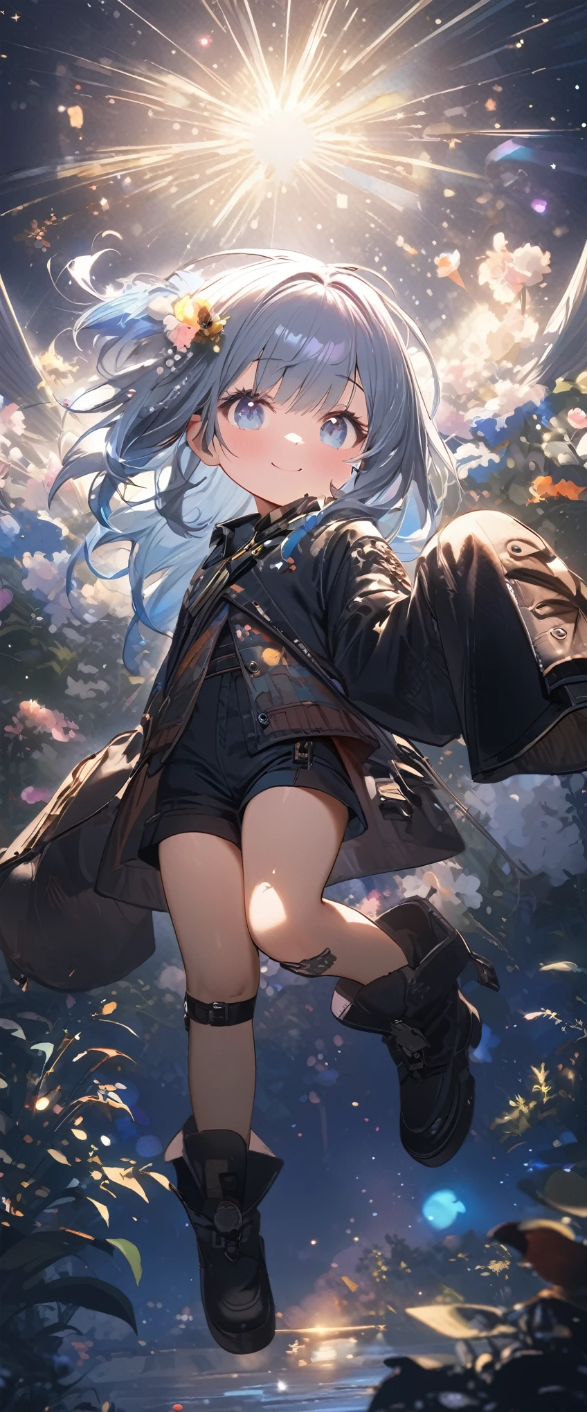 quality\(masterpiece, best quality,8k,wallpaper of extremely detailed CG unit,hight resolution,top-quality,top-quality real texture skin,hyper realisitic,increase the resolution,RAW photos,best qualtiy,highly detailed,the wallpaper\), BREAK ,1girl\(chibi,super cute, adorable, kawaii,,5 years oldg smile,cute smile,wearing jacket\(leather\(very detailed\),(black:1.3),(((very big))),too big,smooth, shiny,over long sleeves,(sleeves past fingers:1.4),long sleeves,\),weaing only jacket,full body,big eyes,cosmic eyes,long hair\(cosmic hair,braid hair,\)\), BREAK ,background\(at fashion studio,flowers\((black:1.3),many kinds of flowers,beautiful\),best lighting,\),flom below,dynamic angle