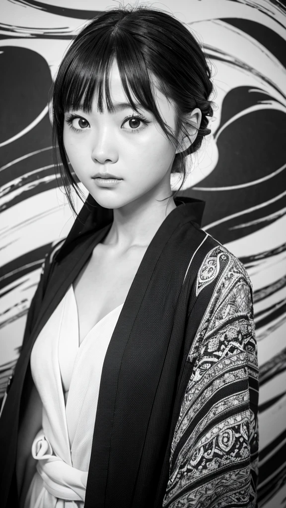 
### Prompt example:

Background with abstract black and white swirling design、Portrait of a beautiful Japanese girl。The beautiful girl has a beautiful face、Have short straight hair、Gives a neat and clean impression。The costume is a monotone robe.、Black and white contrast design。Although it is a thin fabric、You can see the sturdy stitching.。

The beautiful girl folded her arms in front of her chest.、Posed looking straight ahead。The background design、With an abstract pattern like swirling clouds、It brings out the mysterious atmosphere of the beautiful girl.。The lighting is soft and even、The texture of the skin and the facial expression of the beautiful girl are captured in detail.。

As a photographic technique、Make use of the contrast between the subject and the background、Creates a deep three-dimensional effect。The vertical composition captures the beautiful girl&#39;s posture and the background design in a well-balanced way.、We strive for harmony throughout the。While still achieving a super-realistic, live-action finish、It is a piece that exudes a fantastic atmosphere.。

---