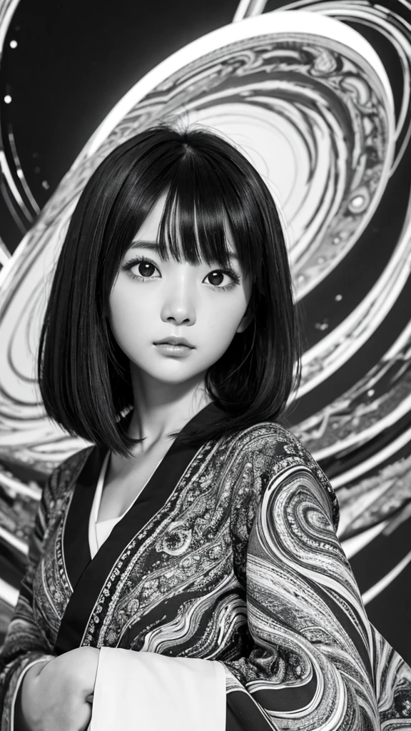 ### Prompt example:
Background with abstract black and white swirling design、Portrait of a beautiful Japanese girl。The beautiful girl has a beautiful face、Have short straight hair、Gives a neat and clean impression。The costume is a monotone robe.、Black and white contrast design。Although it is a thin fabric、You can see the sturdy stitching.。
The beautiful girl folded her arms in front of her chest.、Posed looking straight ahead。The background design、With an abstract pattern like swirling clouds、It brings out the mysterious atmosphere of the beautiful girl.。The lighting is soft and even、The texture of the skin and the facial expression of the beautiful girl are captured in detail.。
As a photographic technique、Make use of the contrast between the subject and the background、Creates a deep three-dimensional effect。The vertical composition captures the beautiful girl's posture and the background design in a well-balanced way.、We strive for harmony throughout the。While still achieving a super-realistic, live-action finish、It is a piece that exudes a fantastic atmosphere.。
---