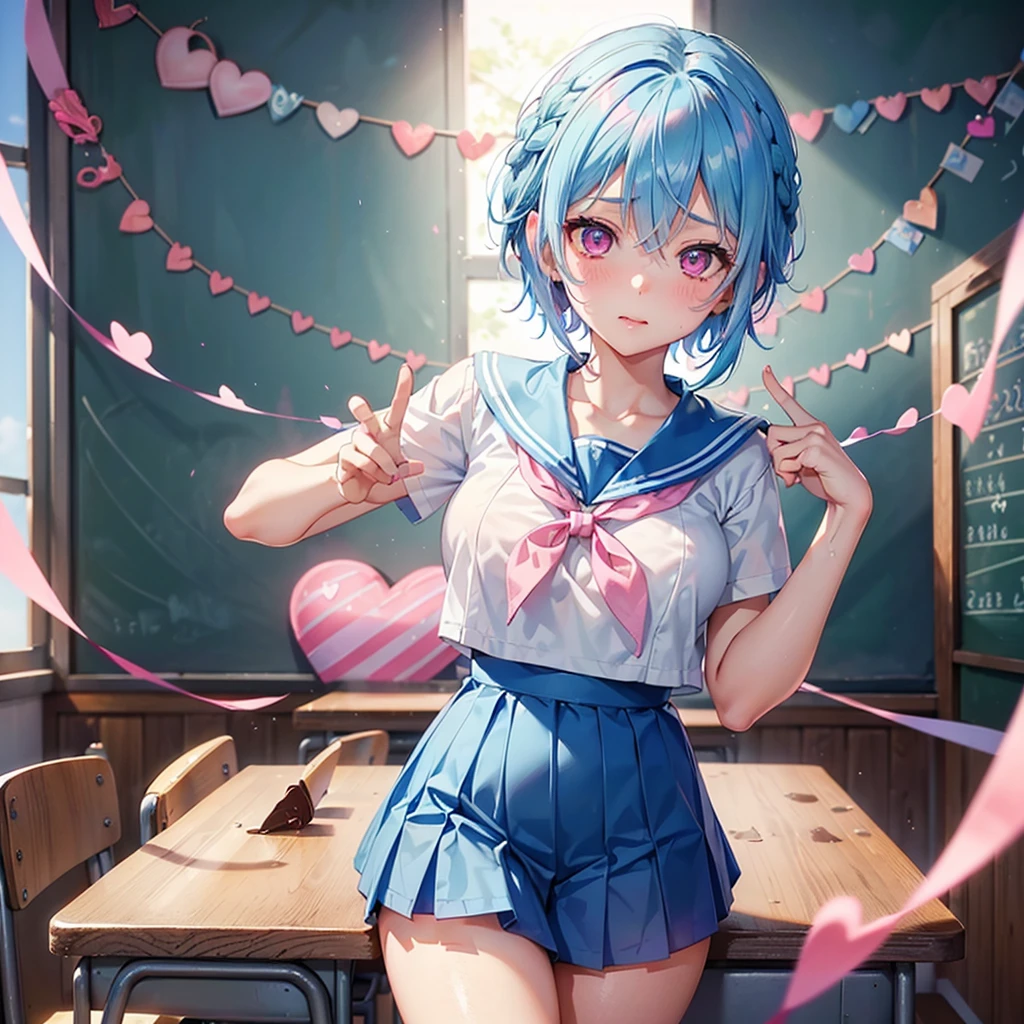 (Sky blue hair),(Braided short hair), (Pink Eyes),Fair skin) ,(whole body),(One Girl),(Ahegao),(The background is a school classroom,blackboard),(Heart-shaped chocolate),(Put your hands in front of you),(Sailor suit),(valentine&#39;s day),(masterpiece, Highest quality, Very detailed, Best Shadow), (Detailed Background), (Beautifully detailed face), High Contrast, (Best lighting, Very delicate and beautiful), ((Cinematic Light)), Hyper Detail,8k, Dramatic Light, Intricate details,High quality