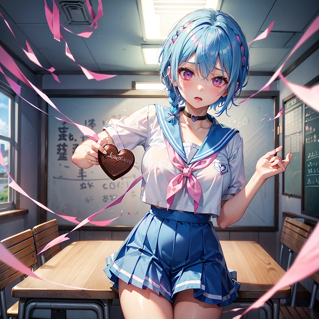 (Sky blue hair),(Braided short hair), (Pink Eyes),Fair skin) ,(whole body),(One Girl),(Ahegao),(The background is a school classroom,blackboard),(Heart-shaped chocolate),(Put your hands in front of you),(Sailor suit),(valentine's day),(masterpiece, Highest quality, Very detailed, Best Shadow), (Detailed Background), (Beautifully detailed face), High Contrast, (Best lighting, Very delicate and beautiful), ((Cinematic Light)), Hyper Detail,8k, Dramatic Light, Intricate details,High quality