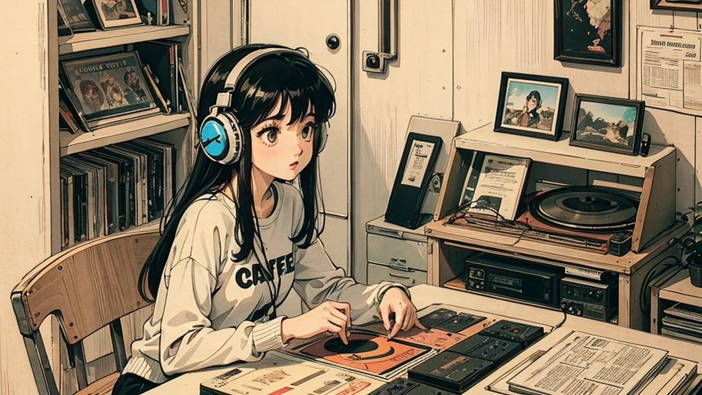 1 girl, 80s anime style, I have headphones on, coffee, Retro, Lo-Fi,A stylish room filled with records,