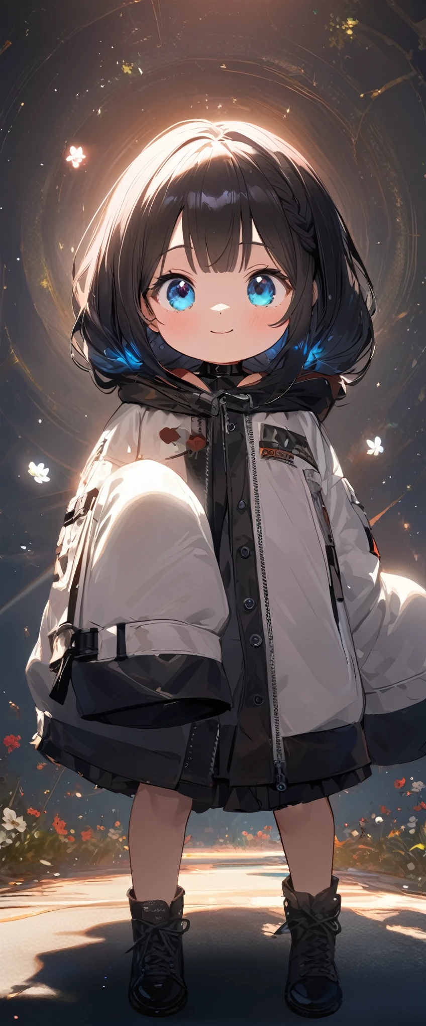 quality\(masterpiece, best quality,8k,wallpaper of extremely detailed CG unit,hight resolution,top-quality,top-quality real texture skin,hyper realisitic,increase the resolution,RAW photos,best qualtiy,highly detailed,the wallpaper\), BREAK ,1girl\(chibi,super cute, adorable, kawaii,,5 years oldg smile,cute smile,wearing jacket\(leather\(very detailed\),(black:1.3),(((very big))),too big,smooth, shiny,over long sleeves,(sleeves past fingers:1.4),long sleeves,\),weaing only jacket,full body,big eyes,cosmic eyes,long hair\(cosmic hair,braid hair,\)\), BREAK ,background\(at fashion studio,flowers\((black:1.3),many kinds of flowers,beautiful\),best lighting,\),flom below,dynamic angle