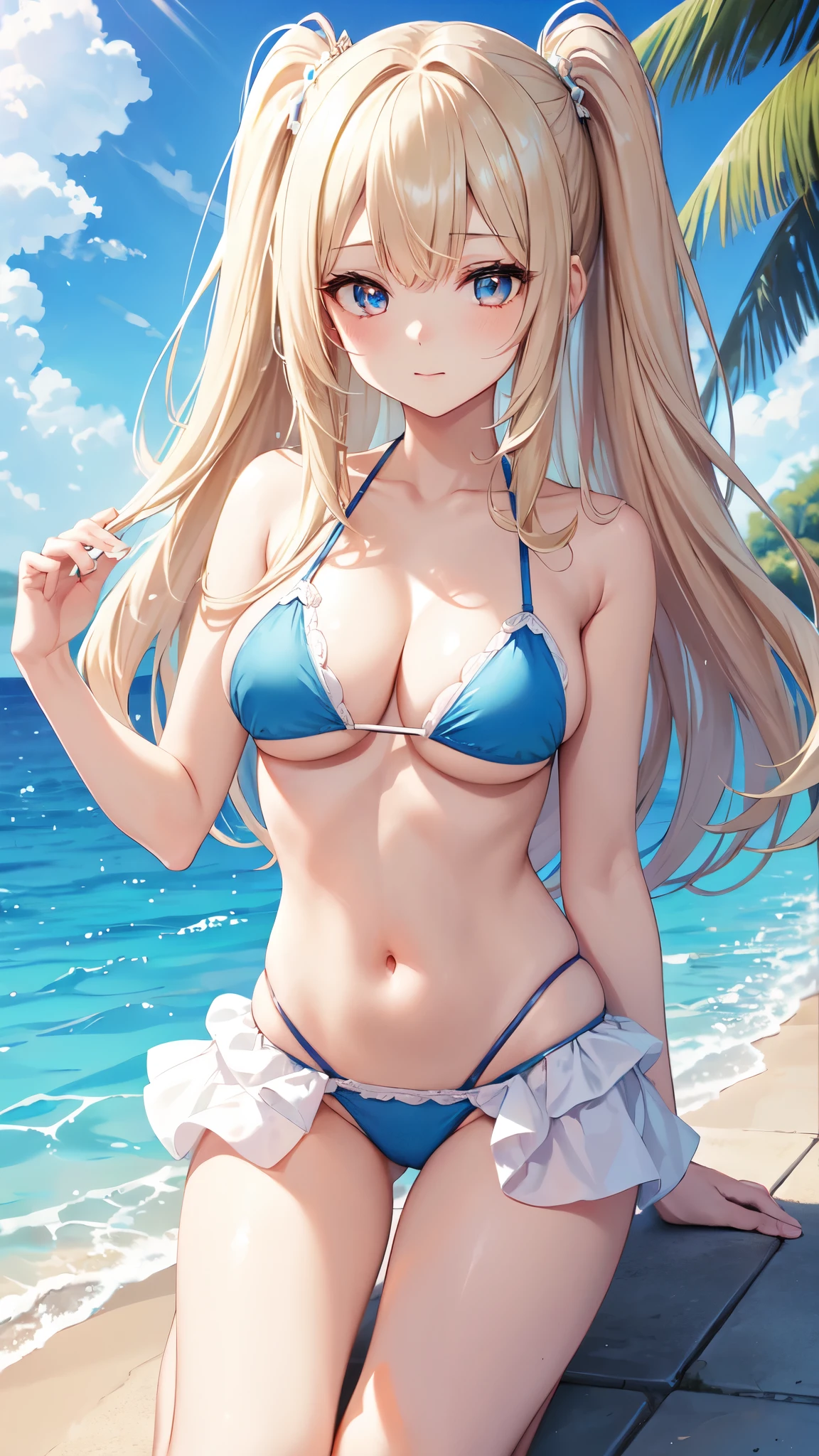 ((Best Quality)), (ultra-detailliert), ((Extremely detailed)), (Beautiful), ((Kawaii Girl)), ((UHD)), (masterpiece), (high quality), (best quality), (4K), (high quality), 1, solo girl, 1girl, ((platinum blond hair)), parted bangs, ((hair intakes)), long hair, (hair two side up long), ((jade colored eyes)), slanted eyes, large breasts, slender body, layered bikini, Pool Background, (blue sky:1.3), solar, sunlight, anime style, full body,