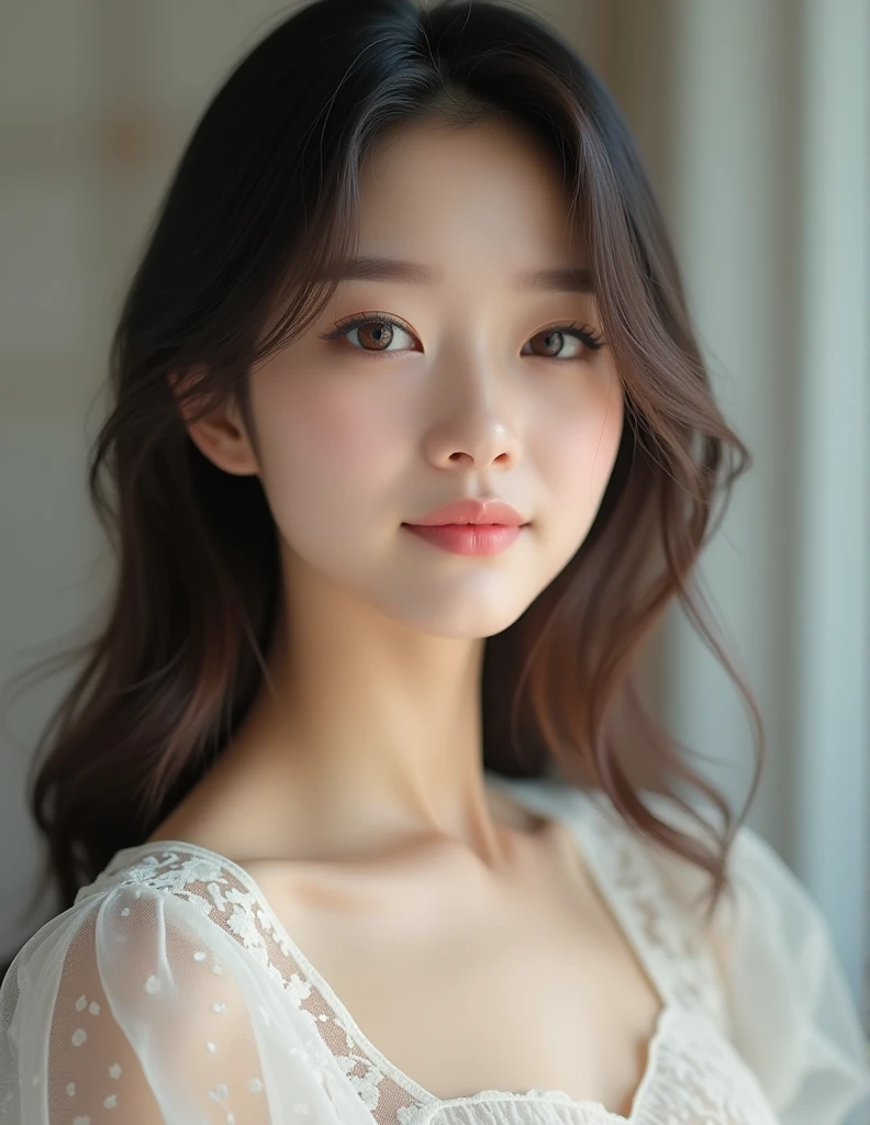A Korean-style woman with long black hair is giving a perfect smile。The attire is a neat dress。