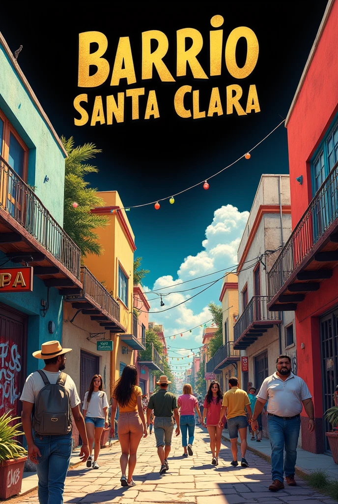 Bottom with the word
Barrio Santa clara
on the top with gold lettering on a black background