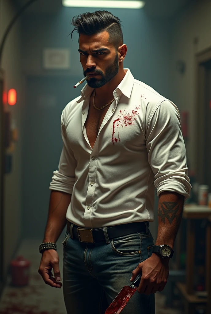 Create a character inspired by Aziz's look from the movie Animal. The character should have an attractive, muscular build and a stylish, modern haircut. He is wearing a white shirt, partially untucked, with noticeable bloodstains on it. His face has a few blood splatters, adding a gritty, intense vibe. In his right hand, he is holding a butcher knife covered in fresh blood. He is casually holding a cigarette to his mouth with his left hand. The background should be dramatic, with dark, moody lighting and subtle elements suggesting a tense, action-packed scene."