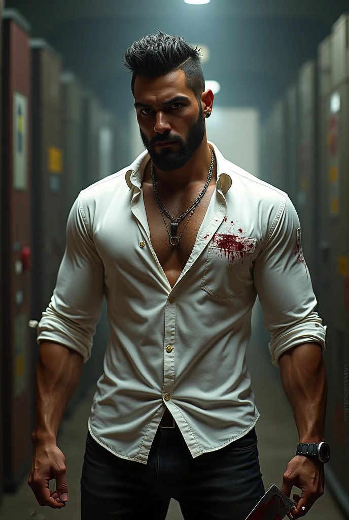 Create a character inspired by Aziz's look from the movie Animal. The character should have an attractive, muscular build and a stylish, modern haircut. He is wearing a white shirt, partially untucked, with noticeable bloodstains on it. His face has a few blood splatters, adding a gritty, intense vibe. In his right hand, he is holding a butcher knife covered in fresh blood. He is casually holding a cigarette to his mouth with his left hand. The background should be dramatic, with dark, moody lighting and subtle elements suggesting a tense, action-packed scene."