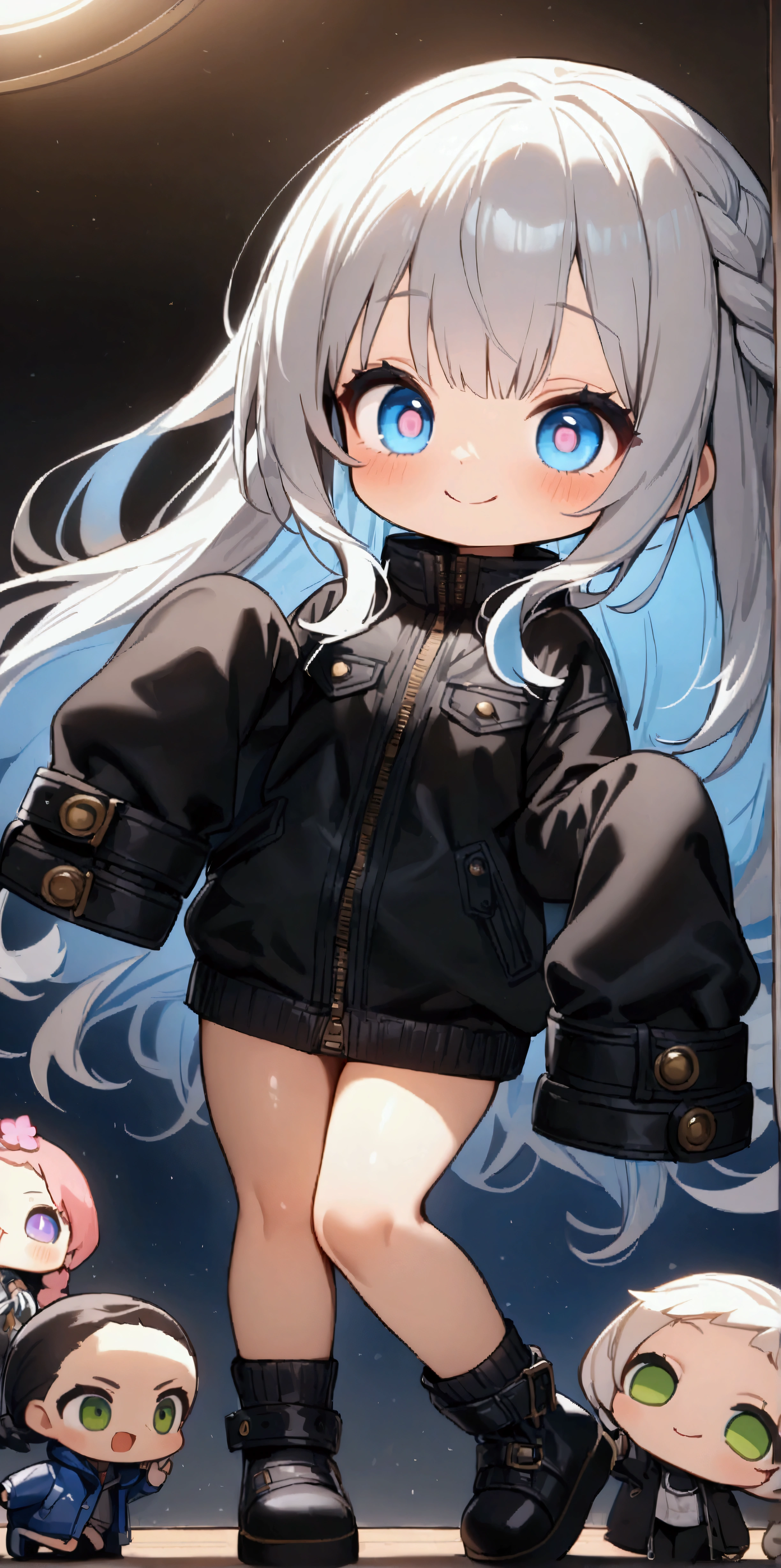 quality\(masterpiece, best quality,8k,wallpaper of extremely detailed CG unit,hight resolution,top-quality,top-quality real texture skin,hyper realisitic,increase the resolution,RAW photos,best qualtiy,highly detailed,the wallpaper\), BREAK ,1girl\(chibi,super cute, adorable, kawaii,,5 years oldg smile,cute smile,wearing jacket\(leather\(very detailed\),(black:1.3),(((very big))),too big,smooth, shiny,over long sleeves,(sleeves past fingers:1.4),long sleeves,\),weaing only jacket,full body,big eyes,cosmic eyes,long hair\(cosmic hair,braid hair,\)\), BREAK ,background\(at fashion studio,flowers\((black:1.3),many kinds of flowers,beautiful\),best lighting,\),flom below,dynamic angle