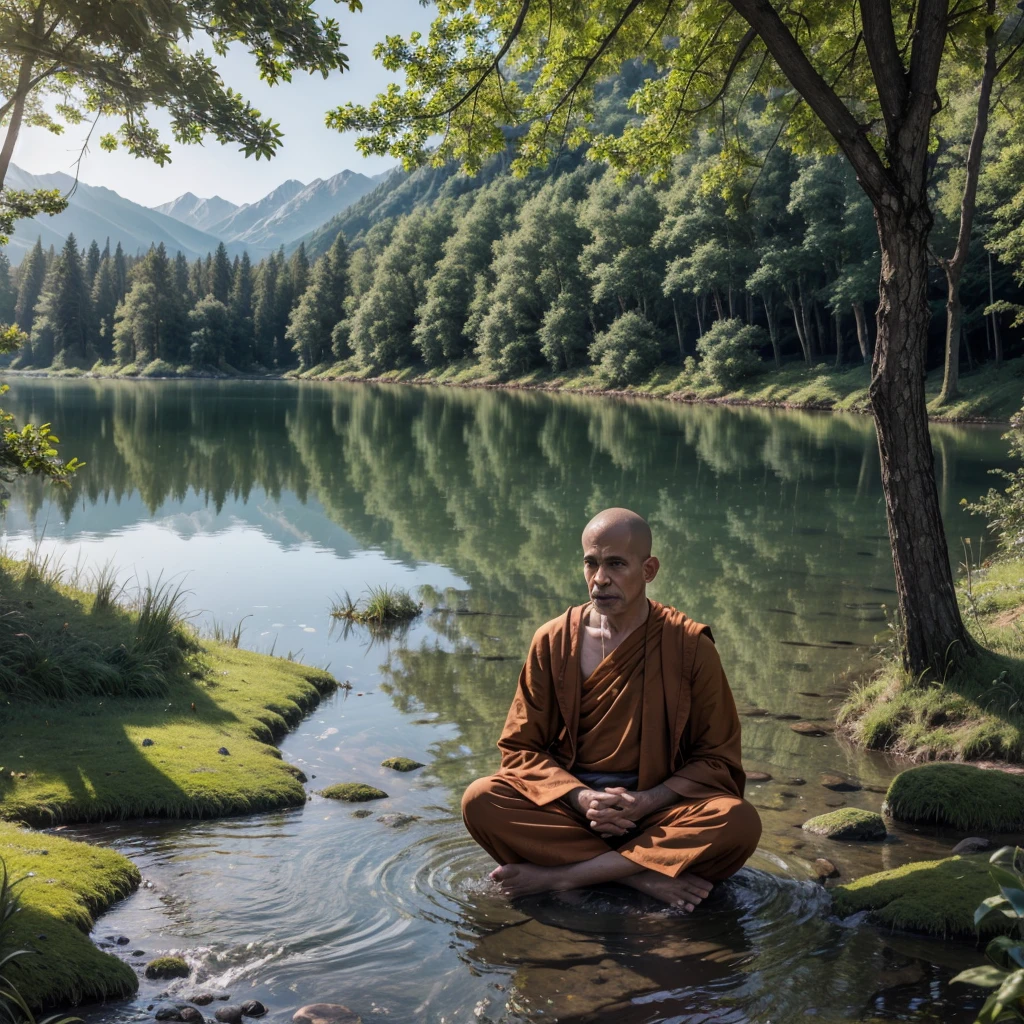 Monk man in nature, lake, colors, realistic, 4K, clear.
