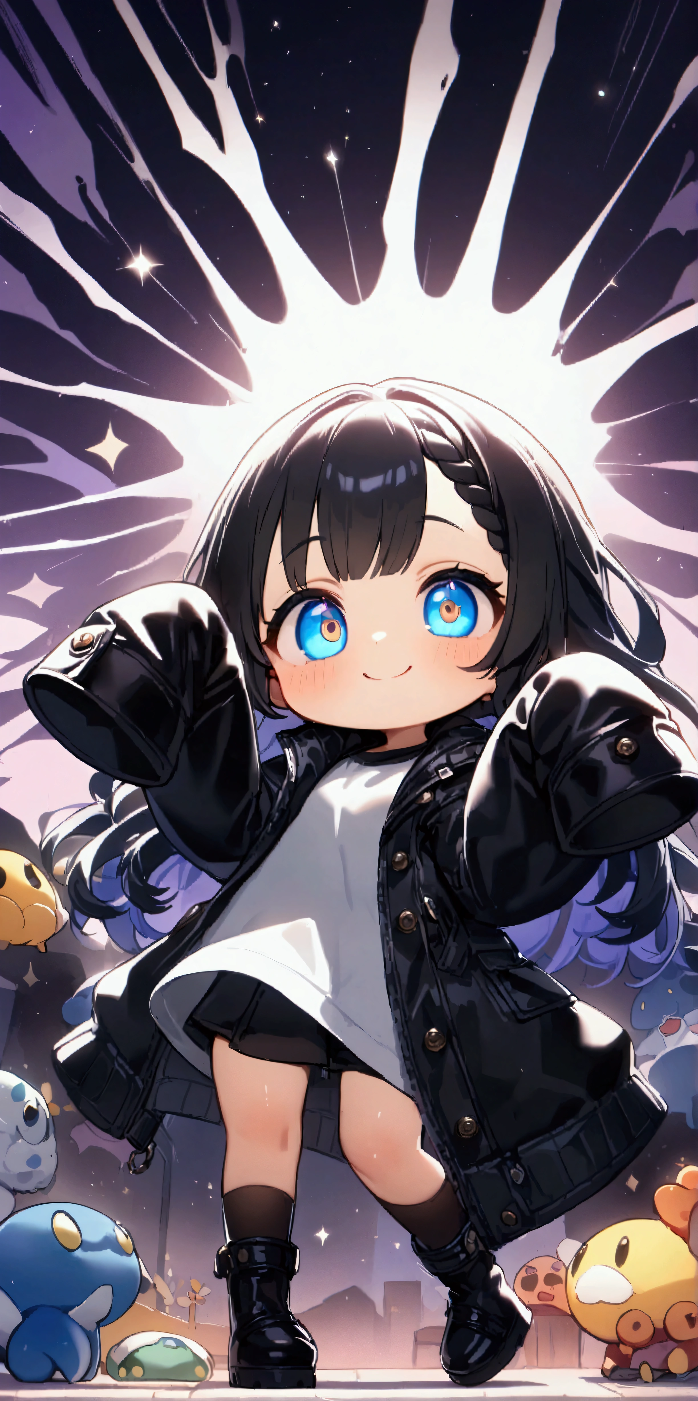 quality\(masterpiece, best quality,8k,wallpaper of extremely detailed CG unit,hight resolution,top-quality,top-quality real texture skin,hyper realisitic,increase the resolution,RAW photos,best qualtiy,highly detailed,the wallpaper\), BREAK ,1girl\(chibi,super cute, adorable, kawaii,small ???,5 years old,chibi,big smile,cute smile,wearing jacket\(leather\(very detailed\),(black:1.3),(((very big))),too big,smooth, shiny,over long sleeves,(sleeves past fingers:1.4),long sleeves,\),weaing only jacket,full body,big eyes,cosmic eyes,long hair\(cosmic hair,braid hair,\)\), BREAK ,background\(at fashion studio,flowers\((black:1.3),many kinds of flowers,beautiful\),best lighting,\),flom below,dynamic angle