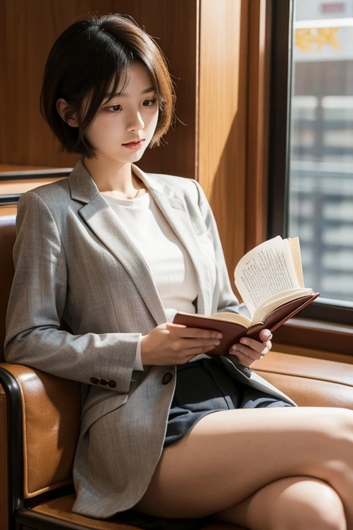 A young Japanese woman is reading a book early in the morning in a cafe near an office district。She is wearing a pantsuit。short hair。The eyes are on the book。