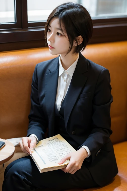 A young Japanese woman is reading a book early in the morning in a cafe near an office district。She is wearing a pantsuit。short hair。The eyes are on the book。