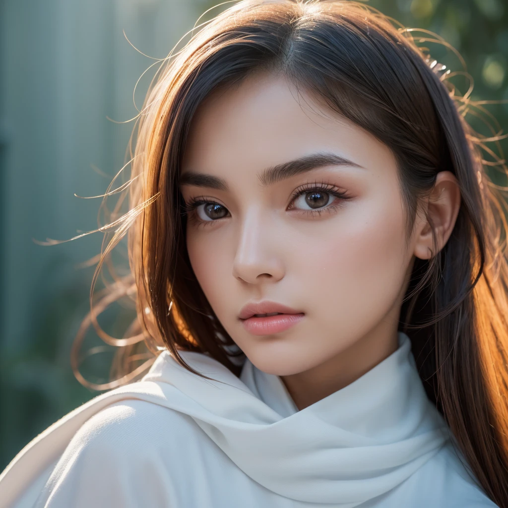 (8k, High resolution, High resolution), ((((photograph, RAWphotograph, Hyperrealism, masterpiece, Highest quality, ultra High resolution)))), (Pin Light, Backlight, Backlight, Cinematic Light), Sharp focus:1. 4, (Hyper Detail, In detail), face close, close,, One girl, Oval face with cat-like eyes, Small, plump lips, Straight and pretty nose, Cheekbones are slightly red, Thick eyebrows and long, beautiful eyelashes.