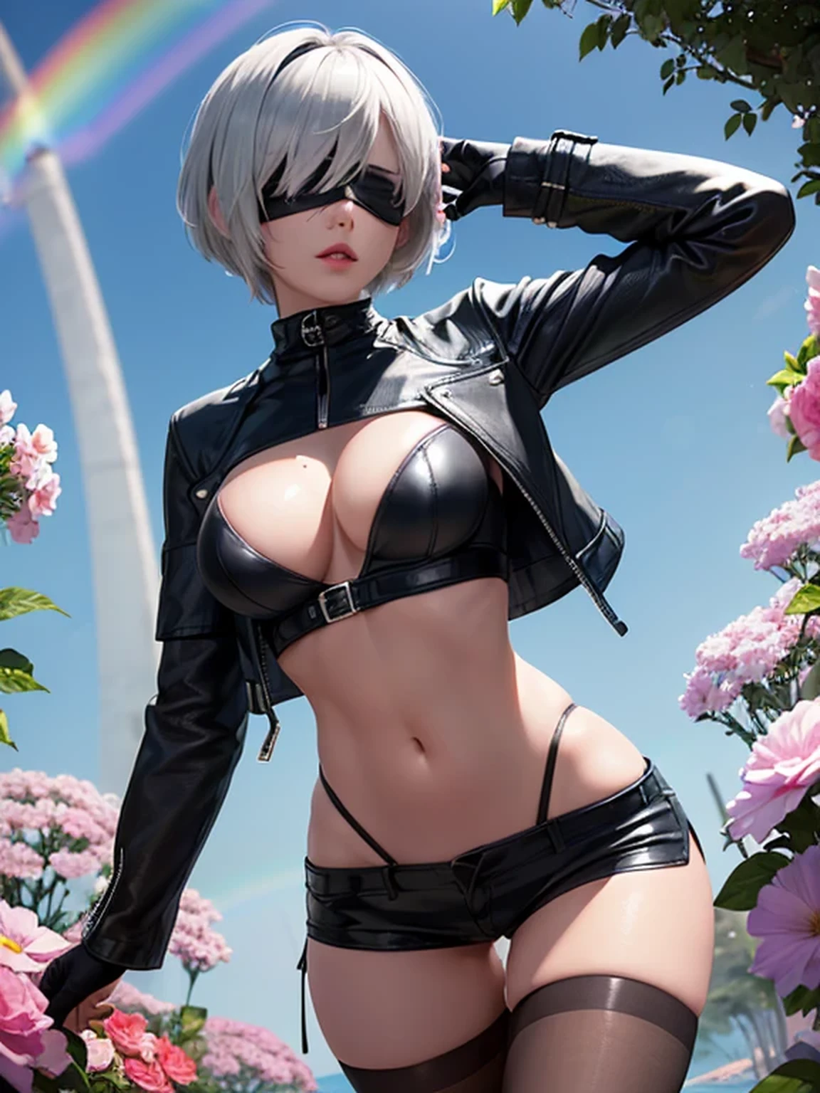 (((Wearing Black Leather Jacket:1.5, Wearing Black Leather shorts:1.1, Wearing Slightly open sheer shirt:1.1, Black knee-length pantyhose:1.1))), highly detailed, Nier Automata character 2b Face, (((silver short hairstyle))), Asymmetrical bangs, ((blindfold, black blindfold:1.2)), very beautiful face:1.2, Big Ass, Slightly slim woman, posing like a model, breathtaking beauty, Beautiful and graceful features, dark color sexy lingerie, (((Blue sky Background:1.1))), glowing skin, ((rainbow appears:1.2)), dreamy and fantastical atmosphere, (((beautiful flowers))), Art with precise detail, Futuristic, (moist pink lips), perfect proportions, thigh gap, natural side lighting, Highly detailed CG, Realistic texture, ((masterpiece:1.1, best quality, digital imaging, high resolution photography)), ((solo portrait))