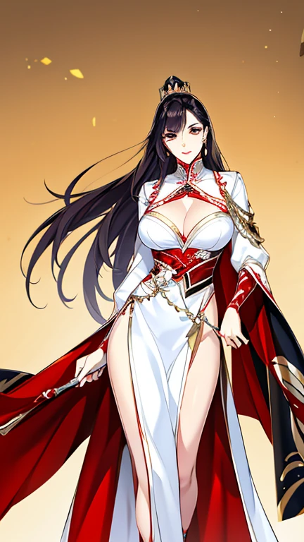 1 Woman, mature, High (1.85 cm), looks about 35 years old, has long black hair, straight and shiny, tied in the Chinese Taoist style, majestic black eyes, Extremely detailed eyes, perfect eyes, đôi mắt cực kỳ thực tế, balanced eyes, Long eyelashes, Anime style, perfect face, milf face, full red lips, mature, smooth white skin, natural body, sexy body, milf body, Perfect hands, detailed hands, arms in proportion to the body, đôi tay thực tế, arm with good anatomy, She was wearing only a white Chinese style dress decorated with gold and silver with phoenix motifs woven into the dress but still could not hide her extremely large and gigantic breasts. (cup L), very big breasts, four hands can lift,breasts sag due to their size, leggy, thick thighs, wide hips, wear black socks, full body drawing, have full arms and legs, look at the viewer, The background is a Chinese-style pavilion., pose alone, look at the viewer.